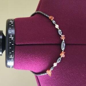 Hematite, faux pearl and sunstone chip necklace